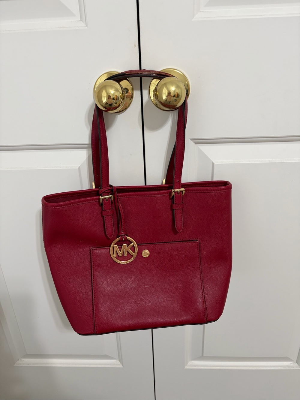 Michael Kors Crimson Leather Tote with Gold MK Charm